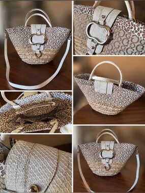 GUESS Beige Straw Tote with White Trim and Leopard Interior